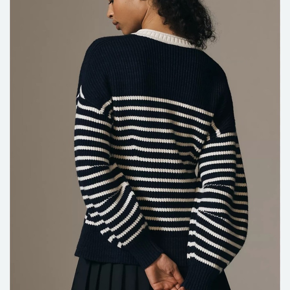 NWT Anthropologie Maeve blouson sleeve button up cardigan navy and white - Picture 4 of 17